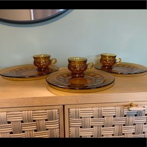 Amber Glass Tea Cup and Plate Set Mug Vintage